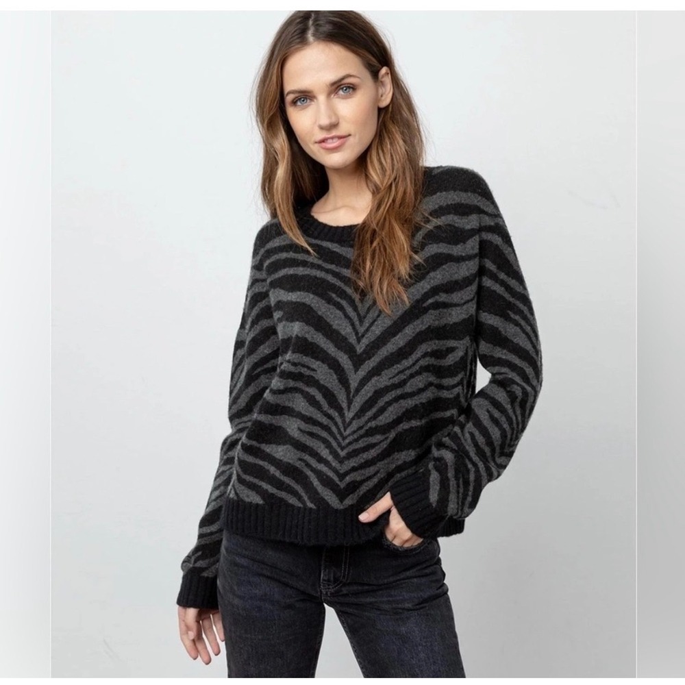 Rails Womens Zebra Animal Print Crewneck Sweater Black Gray Long Sleeve Size M